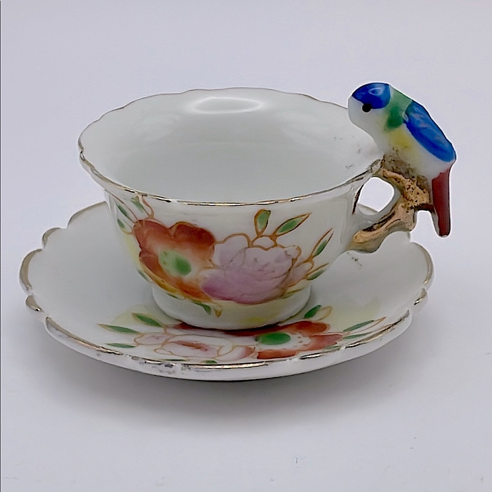 Miniature Teacup/Saucer, Bird/Parrot on Handle, Gold Trim, Made in Japan